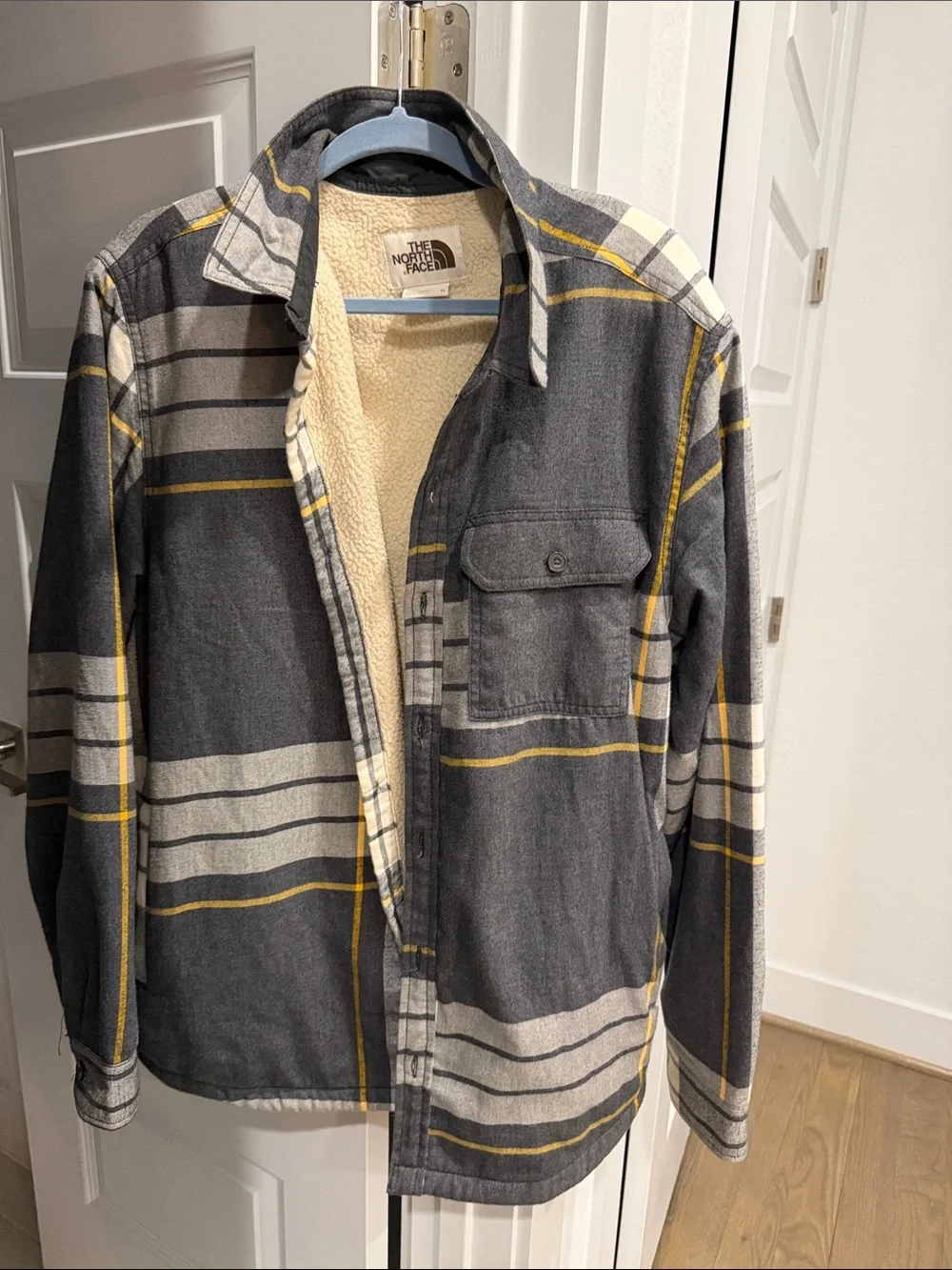 The North Face Men's Gray Plaid Sherpa Shirt Jacket with Yellow Accents
